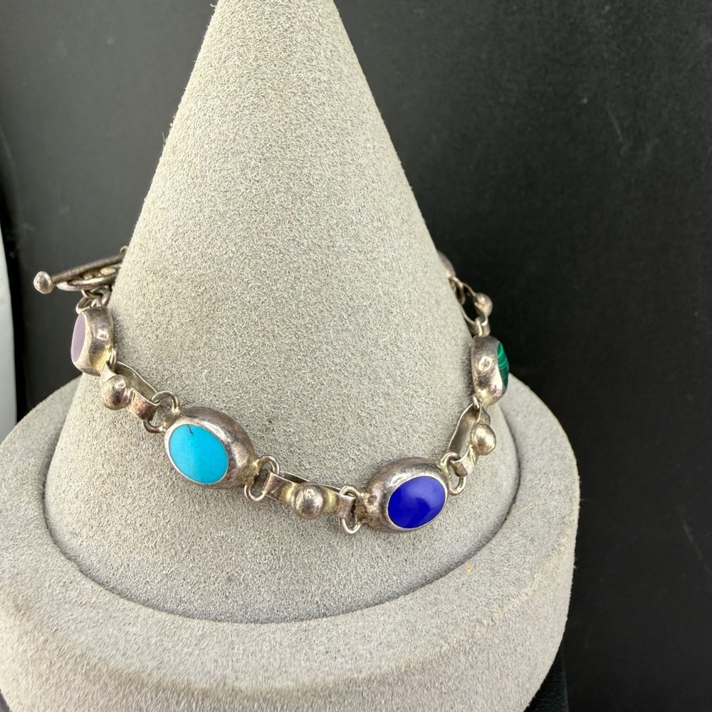 Vintage Mexican Sterling Silver Bracelet Multi Gemstone Toggle‎ Link  7"